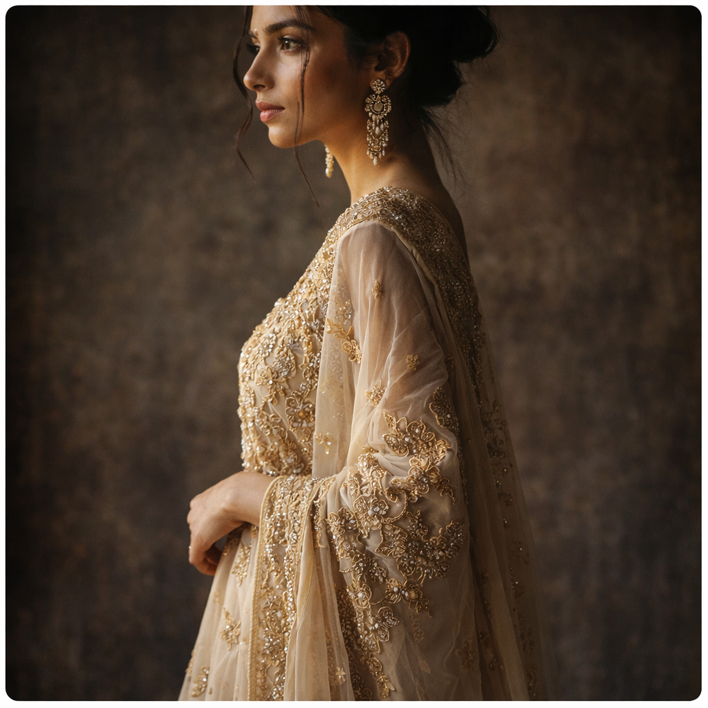 Woman in embroidered peach outfit
