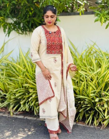 Cotton Top , bottom & duppatta set with Ajrakh print mirror hand work MD02